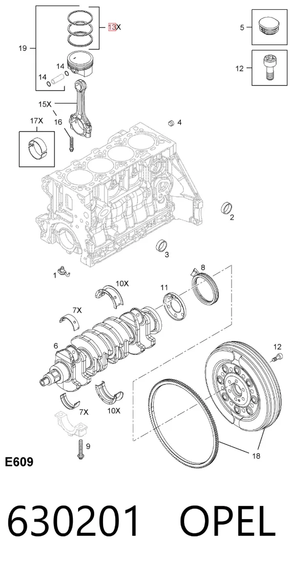 Комплект поршневых колец на 1 цилиндр, стандарт 630201 Opel