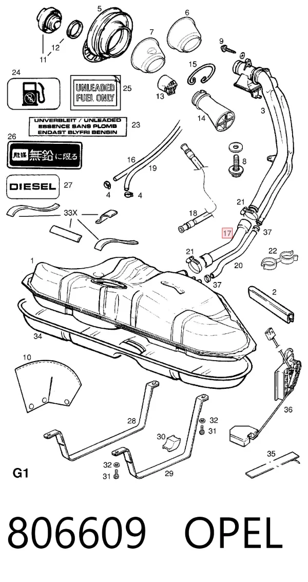 Патрубок бака, к заливной горловине 806609 Opel