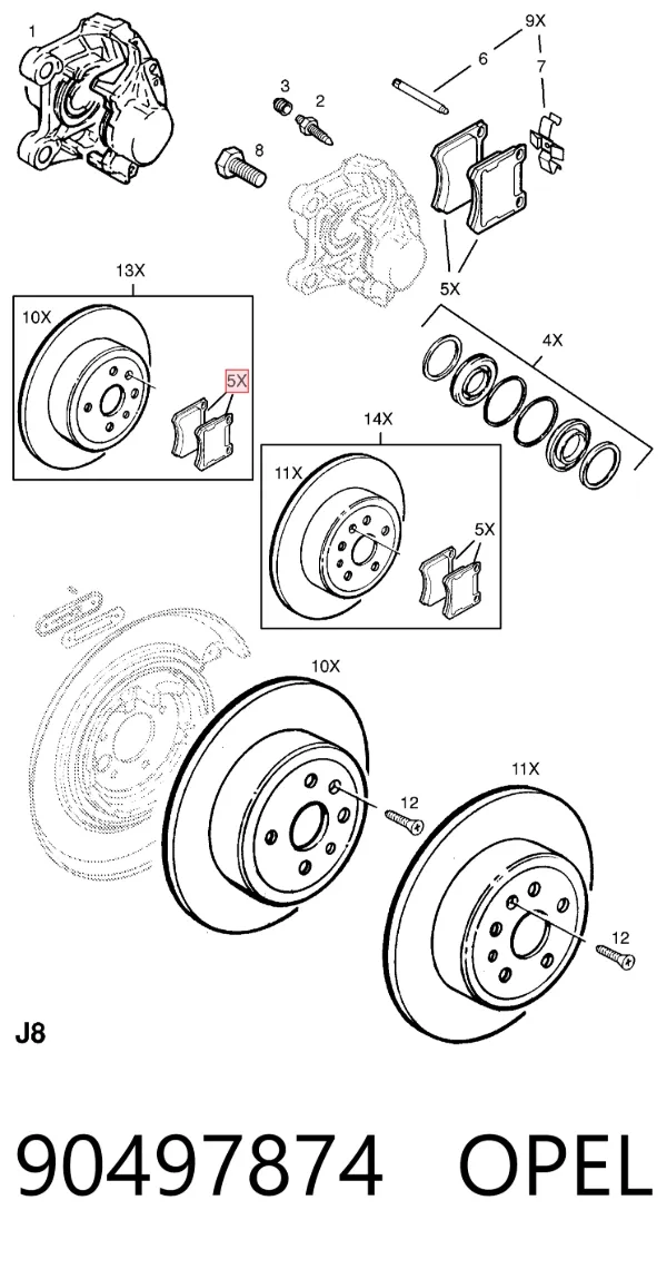 Задние тормозные колодки 90497874 Opel
