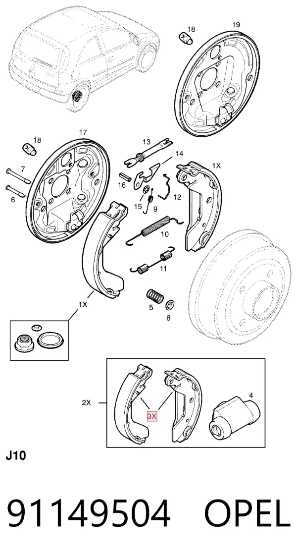 Задние барабанные колодки 91149504 Opel