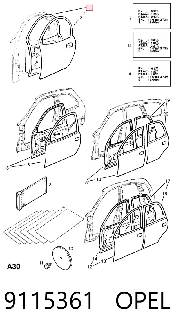 Дверь передняя левая 9115361 Opel