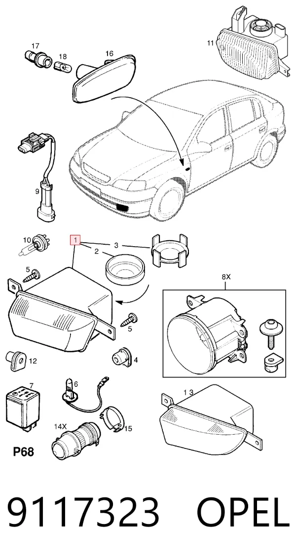 Фара противотуманная правая 9117323 Opel