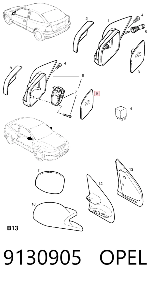 Стекло левого зеркала заднего вида 9130905 Opel
