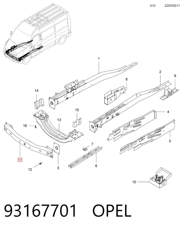 Усилитель переднего бампера 93167701 Opel