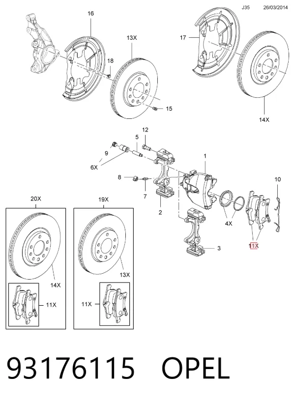 Передние тормозные колодки 93176115 Opel