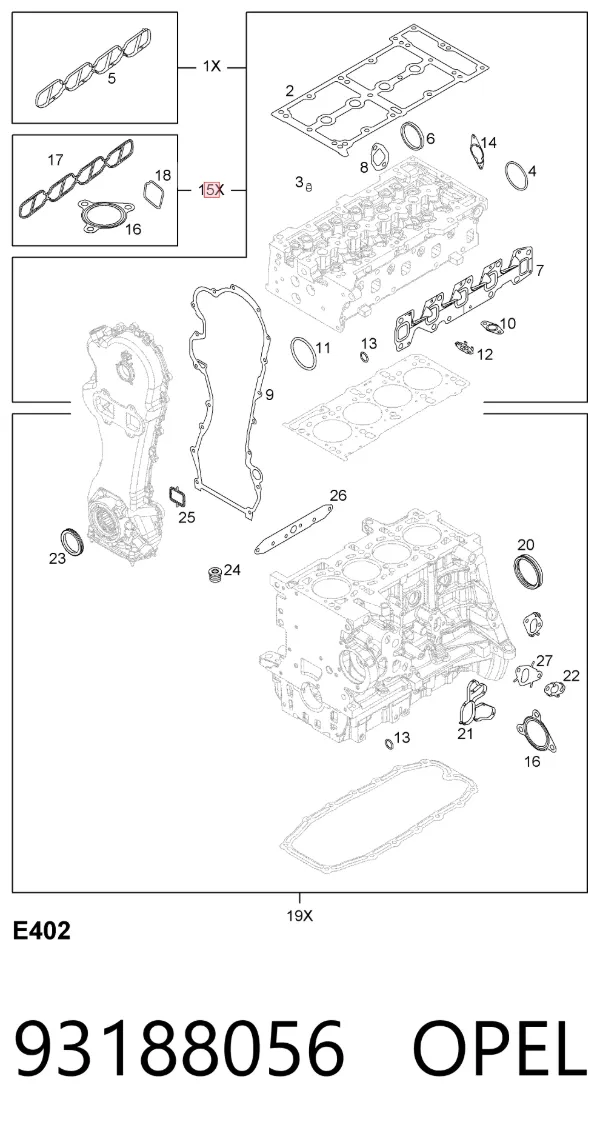 Верхний комплект прокладок двигателя 93188056 Opel