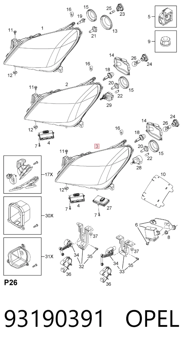 Правая фара 93190391 Opel