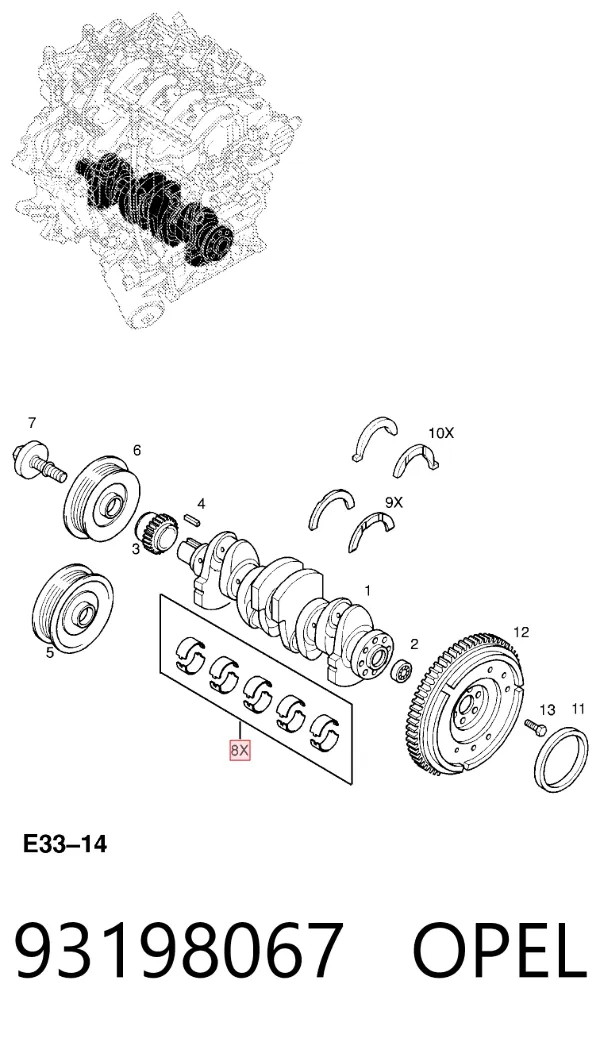 Вкладыши коленвала коренные, комплект, стандарт (STD) 93198067 Opel