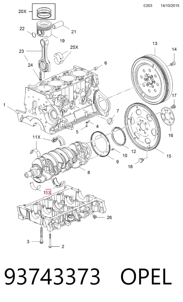 Вкладыши коленвала коренные, комплект, стандарт (STD) 93743373 Opel