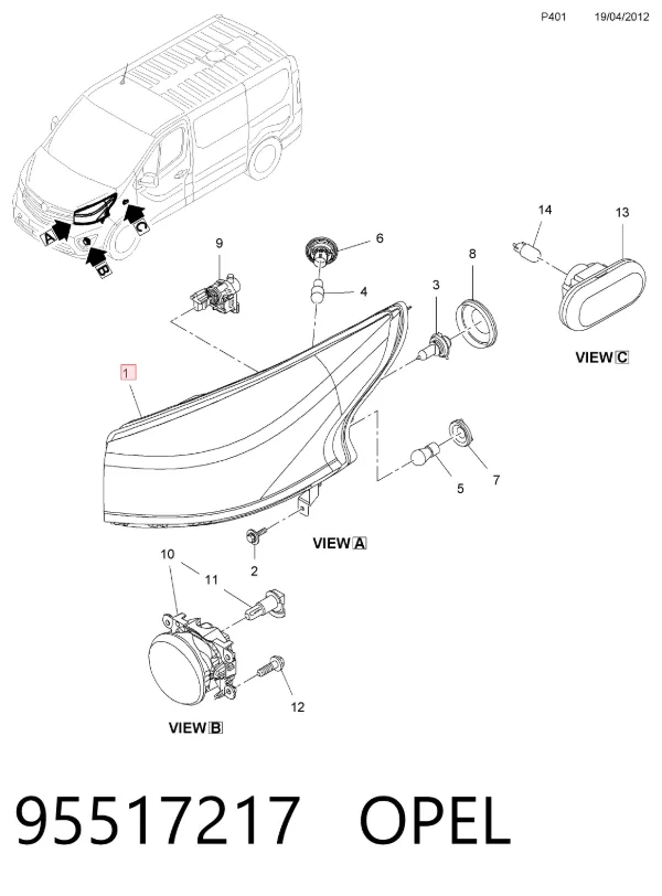 Правая фара 95517217 Opel