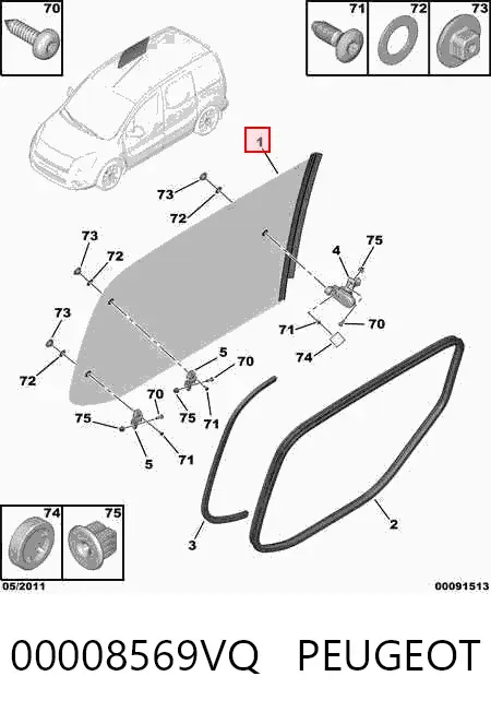 Стекло двери боковой сдвижной правой 00008569VQ Peugeot/Citroen