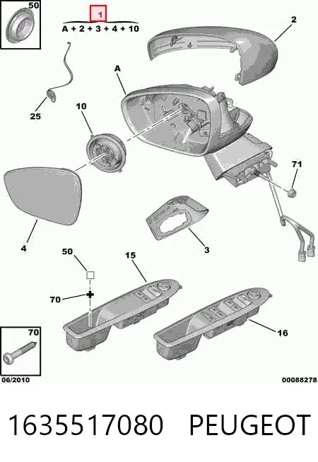 Левое боковое зеркало 1635517080 Peugeot/Citroen
