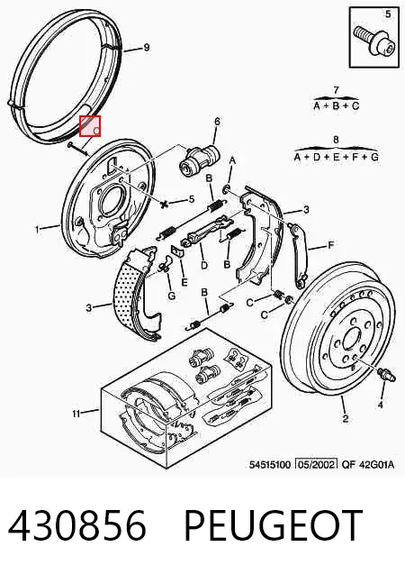 Монтажный комплект задних барабанных колодок 430856 Peugeot/Citroen