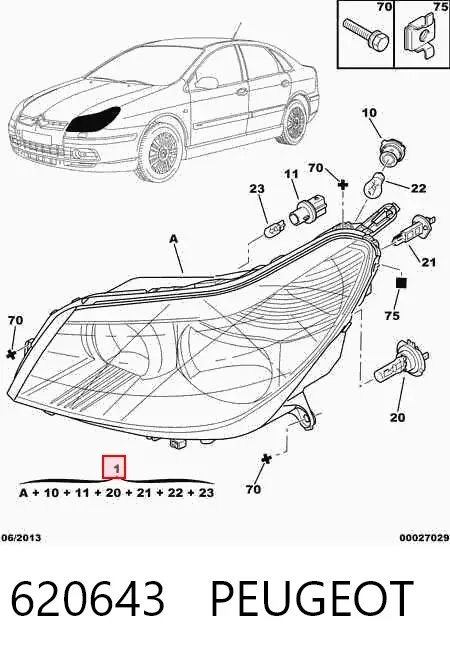 Правая фара 620643 Peugeot/Citroen