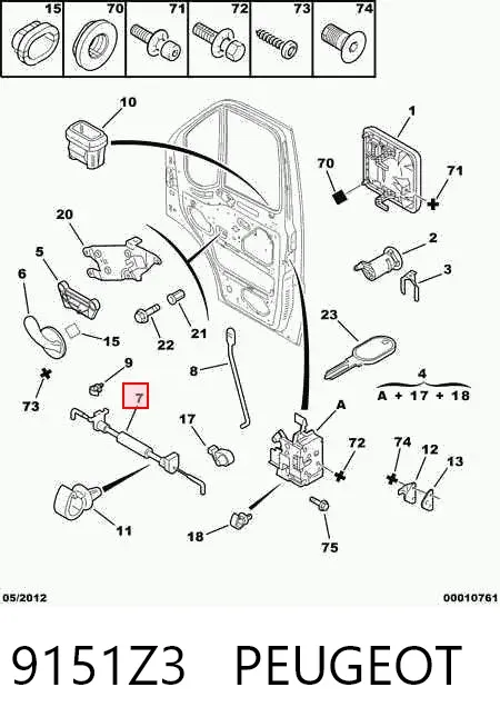 Трос (тяга) открывания замка двери передней правой 9151Z3 Peugeot/Citroen
