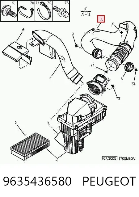 Выпускной патрубок воздушного фильтра 9635436580 Peugeot/Citroen