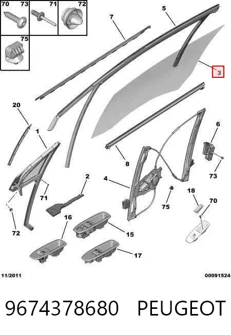 Стекло двери передней правой 9674378680 Peugeot/Citroen