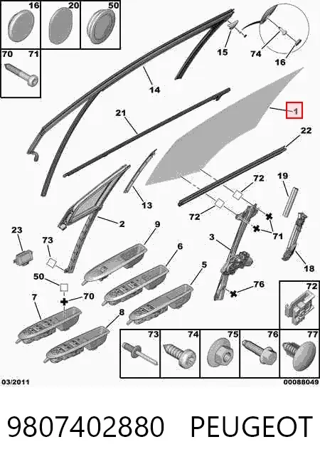 Стекло двери передней левой 9807402880 Peugeot/Citroen