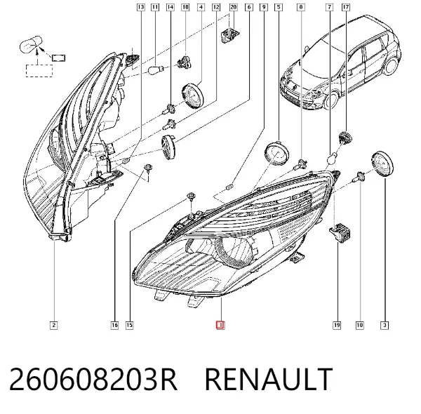 Левая фара 260608203R Renault (RVI)