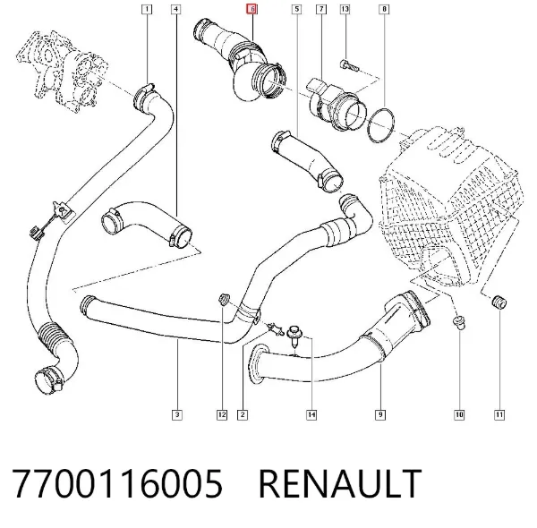 Патрубок воздушный, вход в турбину (наддув) 7700116005 Renault (RVI)