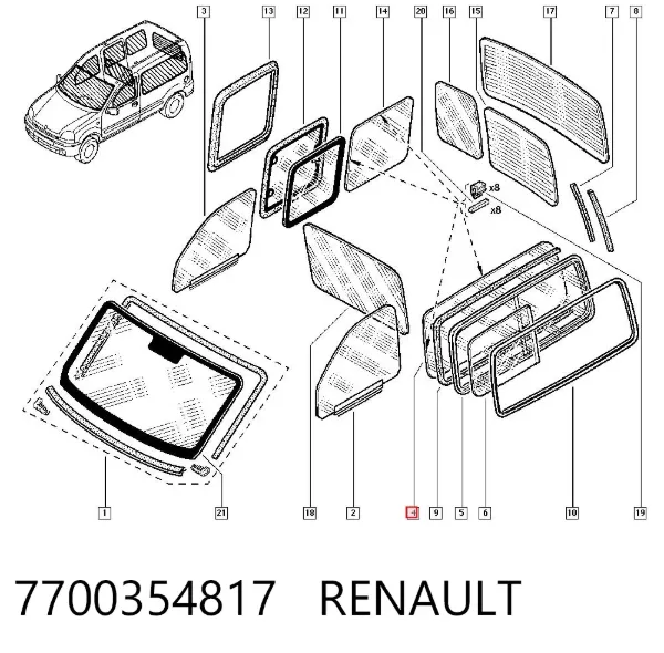 Стекло кузова (багажного отсека) левое 7700354817 Renault (RVI)