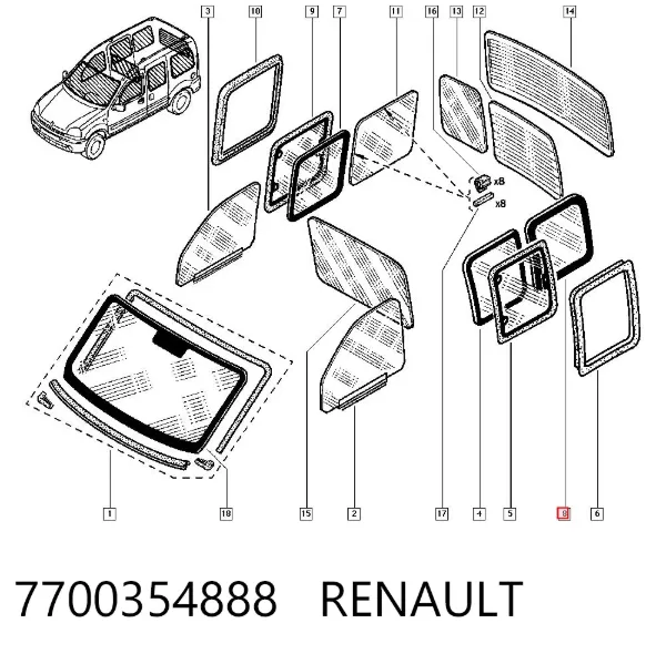 Стекло кузова (багажного отсека) левое 7700354888 Renault (RVI)