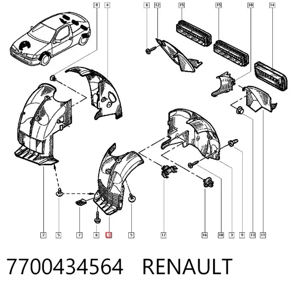 Подкрылок крыла переднего левый передний 7700434564 Renault (RVI)