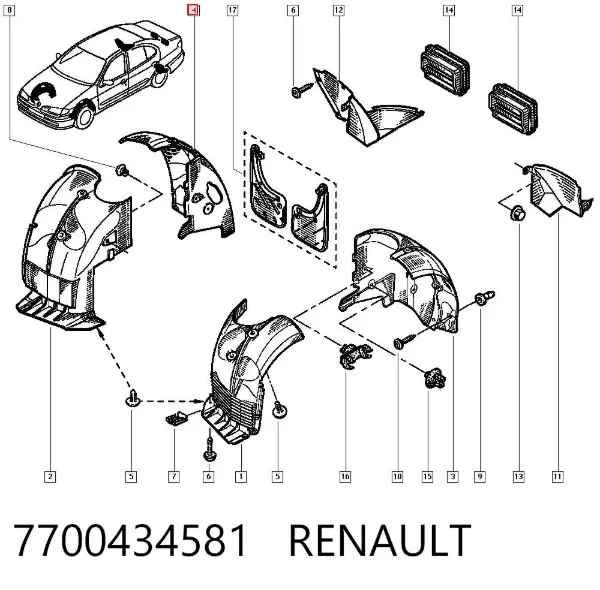 Подкрылок крыла переднего правый задний 7700434581 Renault (RVI)