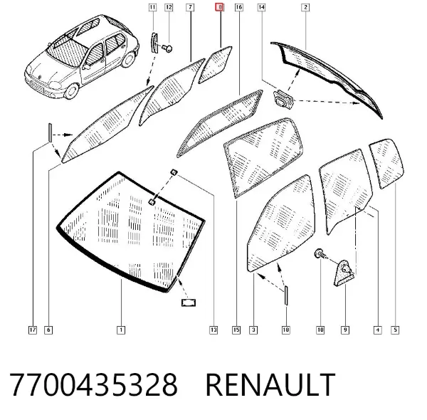 Стекло-форточка двери задней правой 7700435328 Renault (RVI)