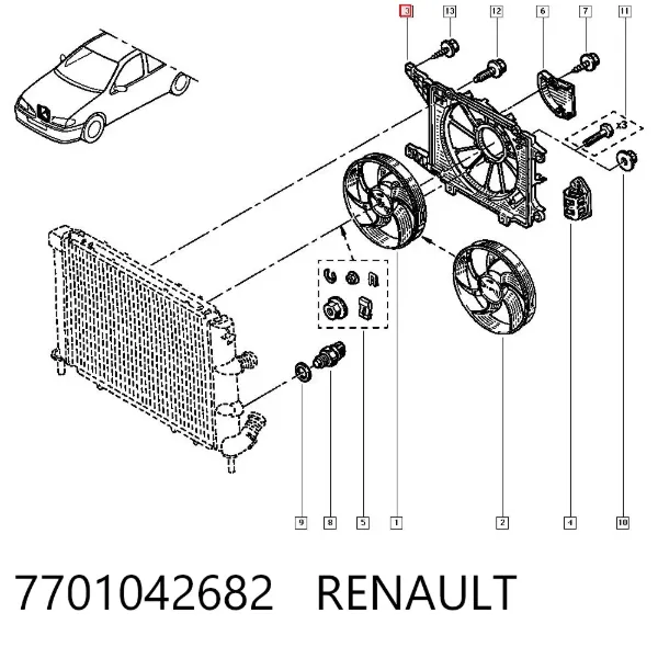 Диффузор вентилятора в сборе с мотором и крыльчаткой 7701042682 Renault (RVI)
