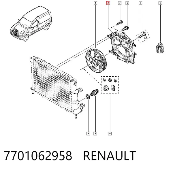 Диффузор вентилятора в сборе с мотором и крыльчаткой 7701062958 Renault (RVI)