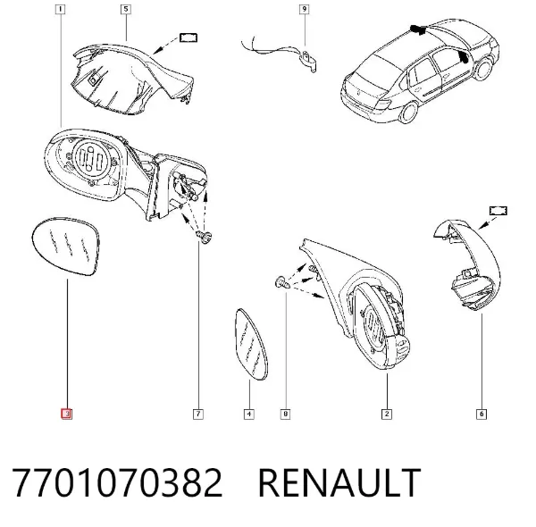 Стекло левого зеркала заднего вида 7701070382 Renault (RVI)