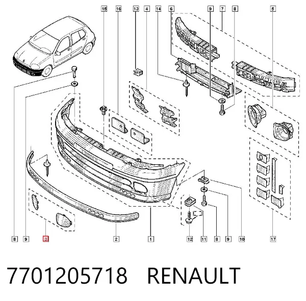 Заглушка (решетка) противотуманных фар бампера переднего 7701205718 Renault (RVI)