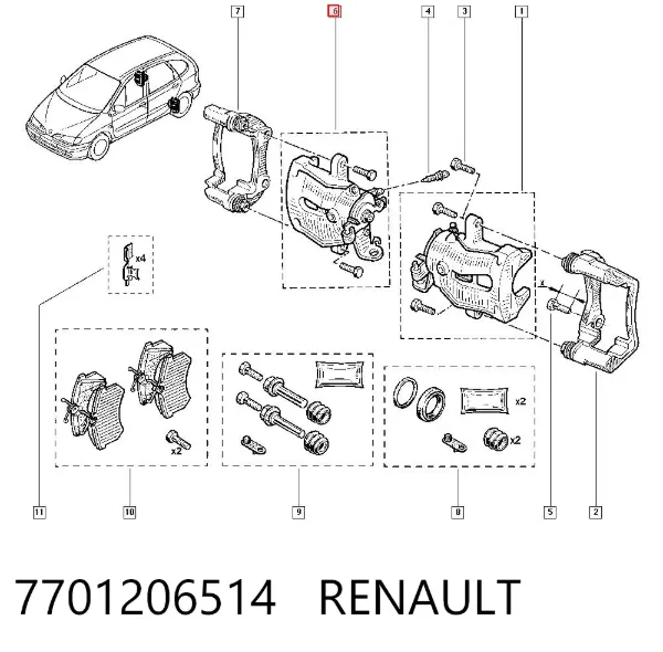 Суппорт задний правый 7701206514 Renault (RVI)