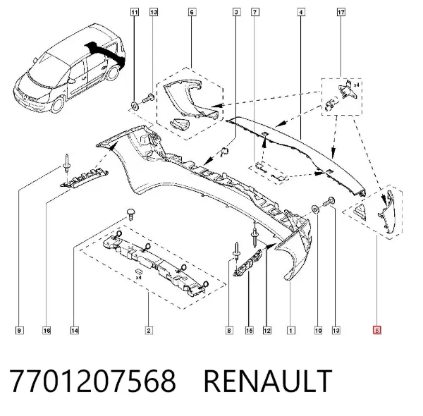Накладка бампера заднего левая 7701207568 Renault (RVI)