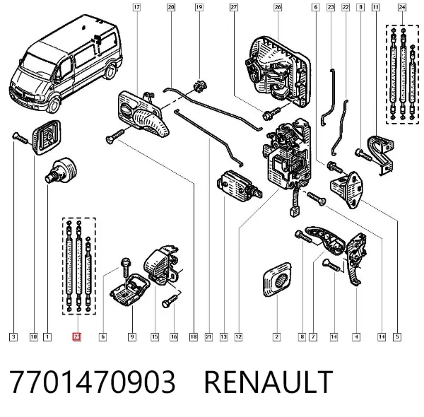 Трос (тяга) открывания замка двери задней правой 7701470903 Renault (RVI)