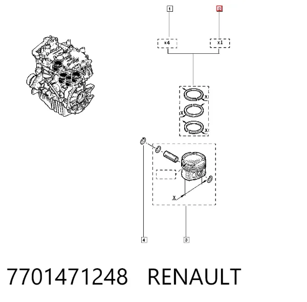 Комплект поршневых колец на 1 цилиндр, стандарт 7701471248 Renault (RVI)
