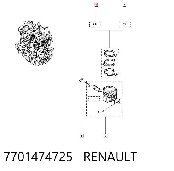 Комплект поршневых колец на 1 цилиндр, стандарт 7701474725 Renault (RVI)