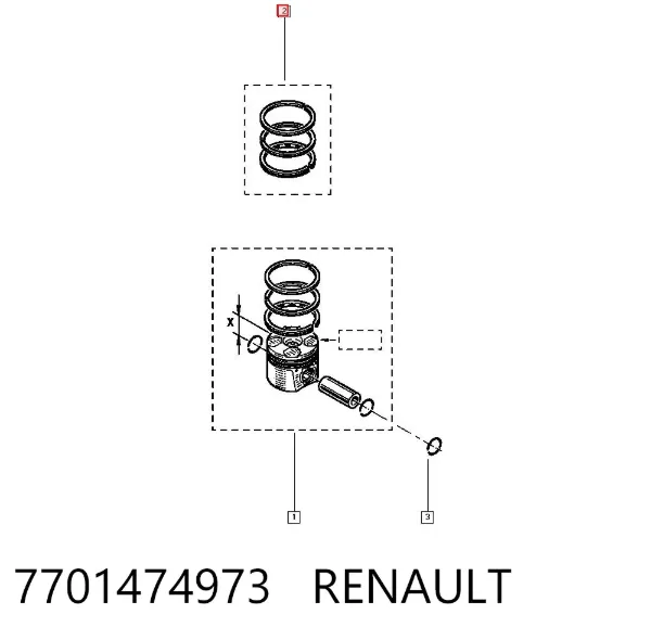 Комплект поршневых колец на 1 цилиндр, стандарт 7701474973 Renault (RVI)