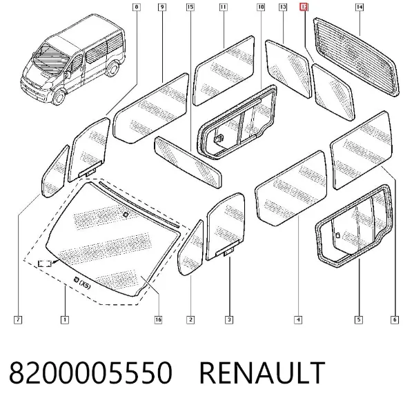 Стекло двери багажной распашной левой 8200005550 Renault (RVI)