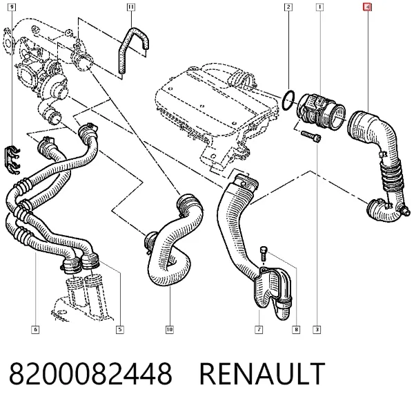 Патрубок воздушный, вход в турбину (наддув) 8200082448 Renault (RVI)