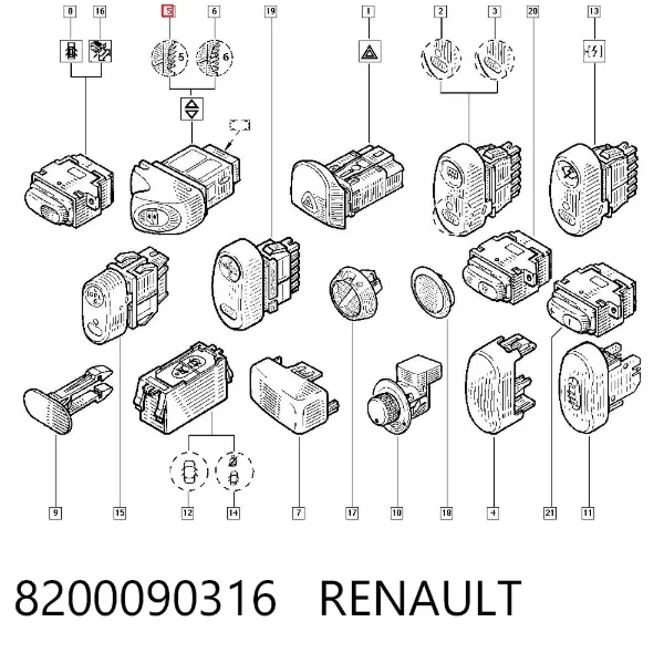 Кнопка включения мотора стеклоподъемника передняя левая 8200090316 Renault (RVI)
