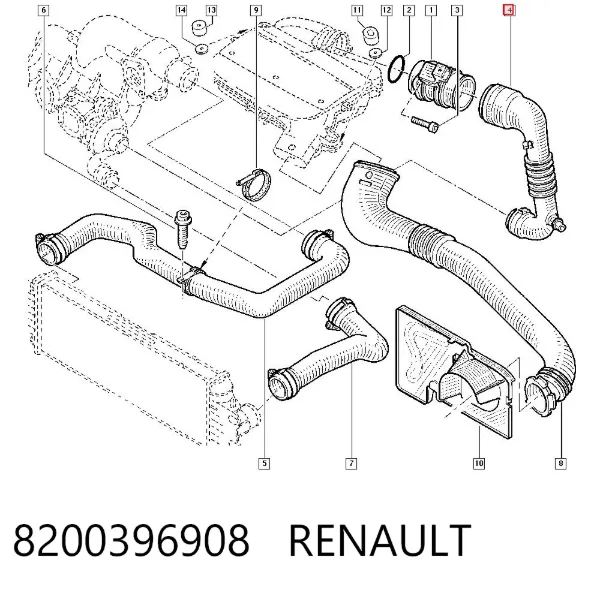 Патрубок воздушный, вход в турбину (наддув) 8200396908 Renault (RVI)