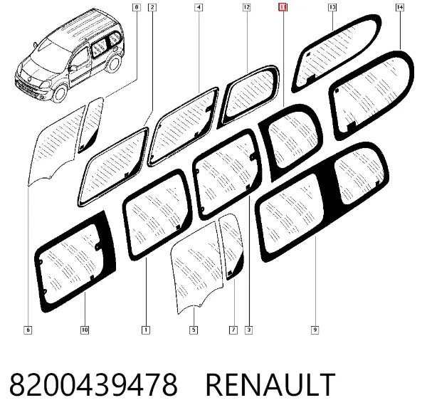 Стекло кузова (багажного отсека) левое 8200439478 Renault (RVI)
