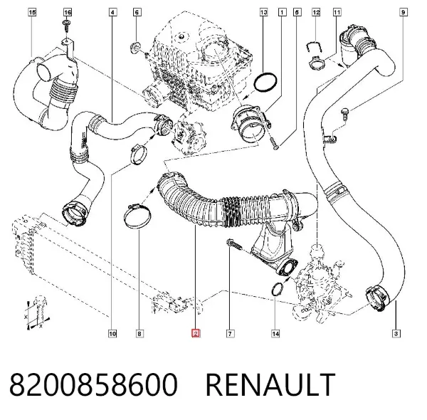 Патрубок воздушный, вход в турбину (наддув) 8200858600 Renault (RVI)