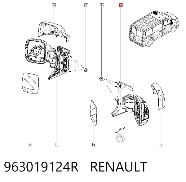 Правое зеркало 963019124R Renault (RVI)