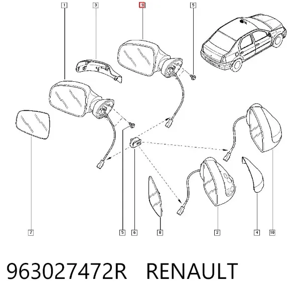 Левое боковое зеркало 963027472R Renault (RVI)
