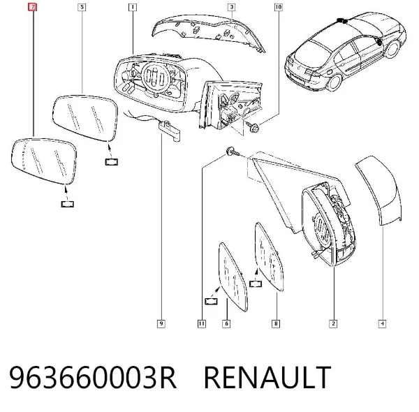 Стекло левого зеркала заднего вида 963660003R Renault (RVI)