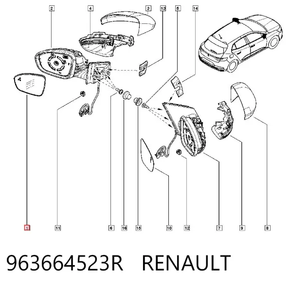Стекло левого зеркала заднего вида 963664523R Renault (RVI)