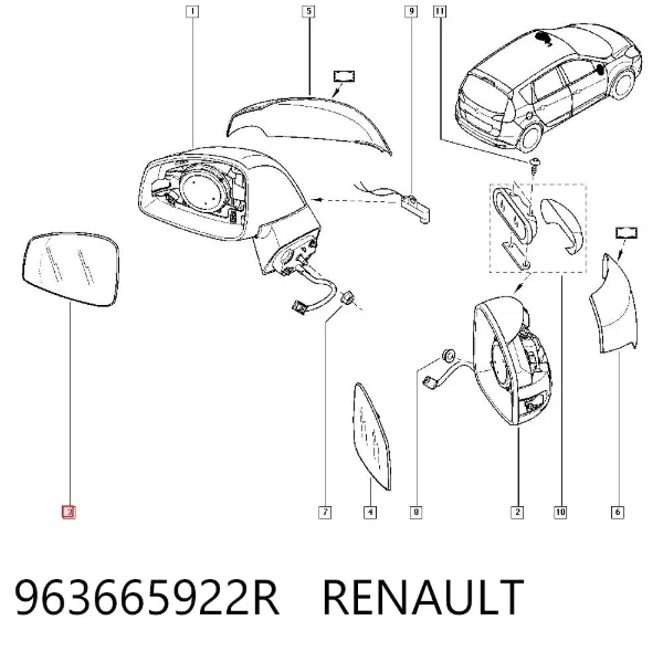Стекло левого зеркала заднего вида 963665922R Renault (RVI)